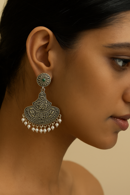 Traditional Stylish Brass Jhumki Earrings with Green stone