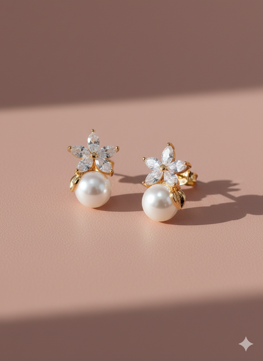 Floral Pearl Crown Studs Earrings