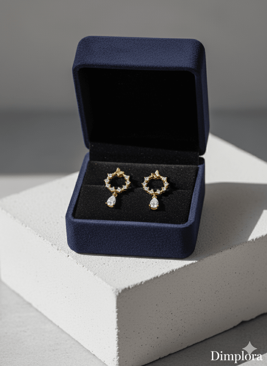 Gold Plated CZ Studded Round Drop Earrings - Dimplora