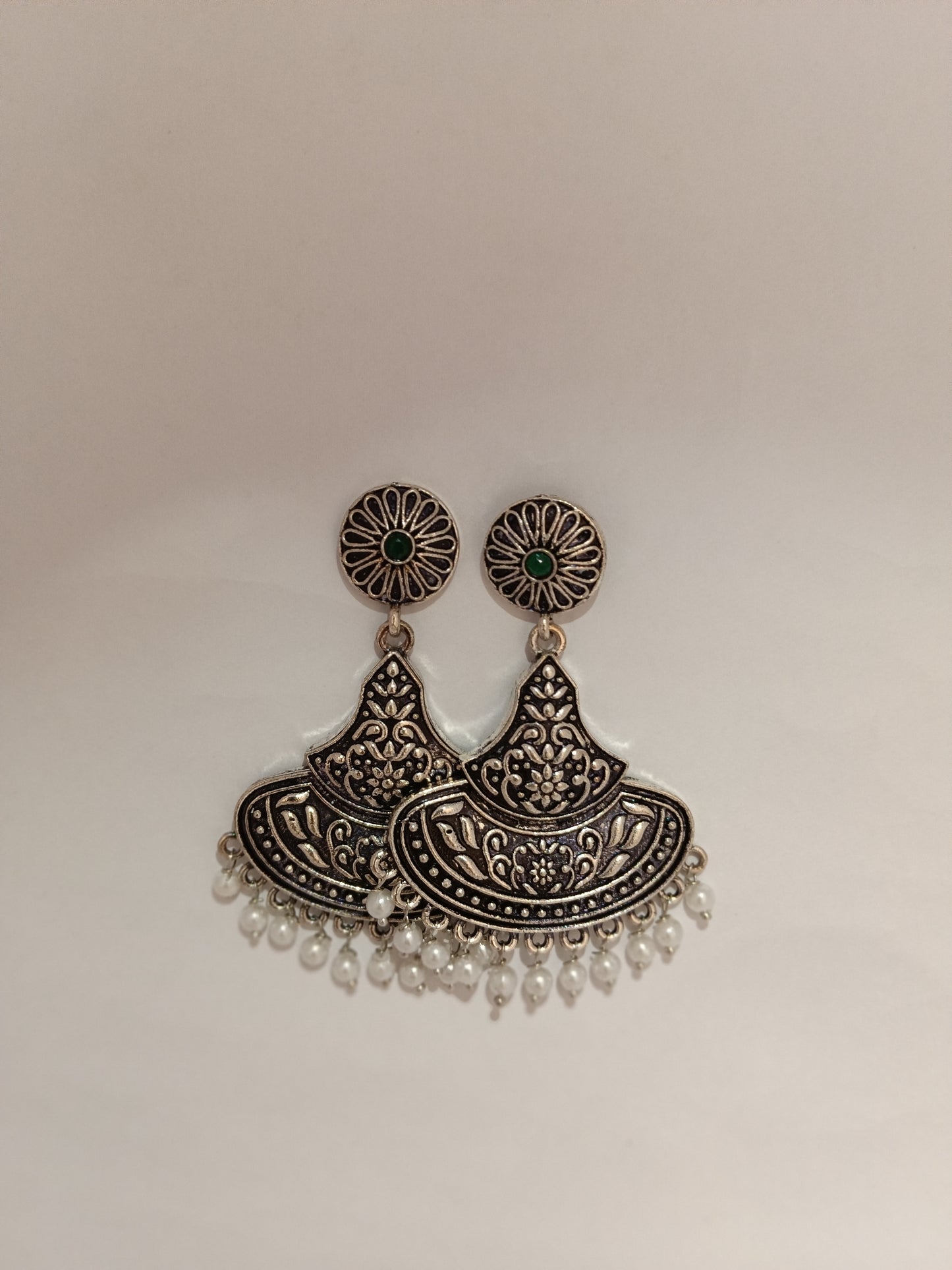 Traditional Stylish Brass Jhumki Earrings with Green stone - Dimplora