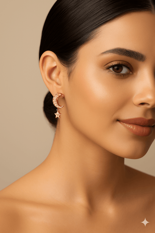 Moon Hanging Star Dangle Rose Gold Earrings - Dimplora