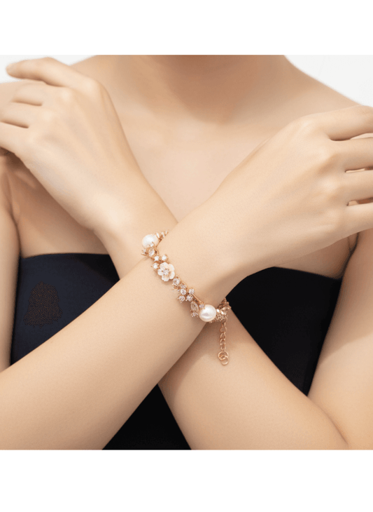 Rose Gold Floral Bracelet with Pearls & Crystals - Dimplora