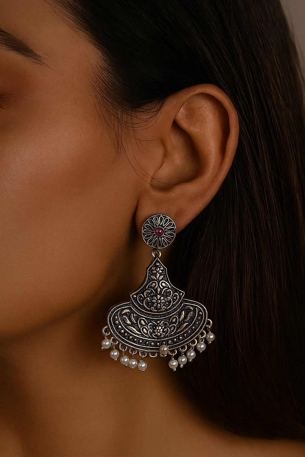 Traditional Stylish Brass Jhumki Earrings with Red Stone - Dimplora