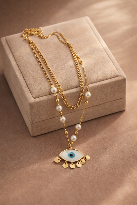 Pearl Evil Eye Charm Necklace - Dimplora