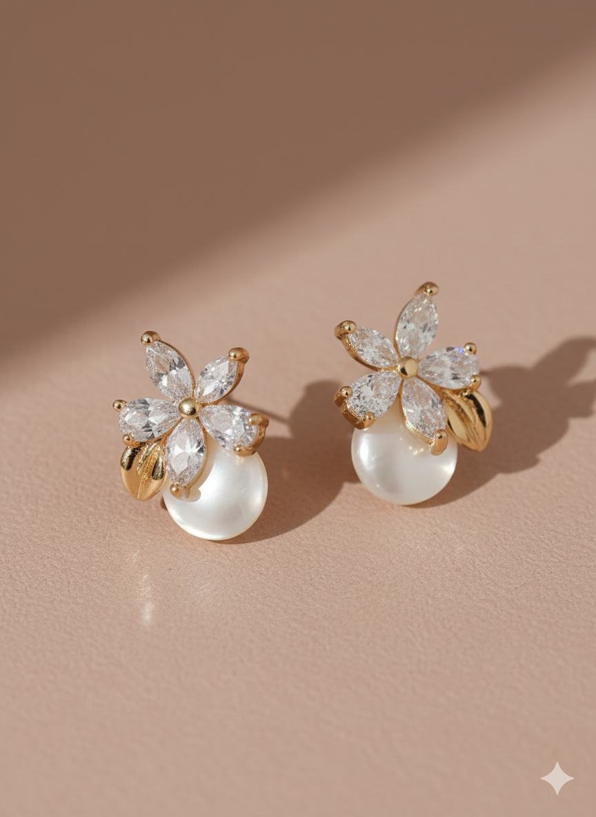 Floral Pearl Crown Studs Earrings - Dimplora