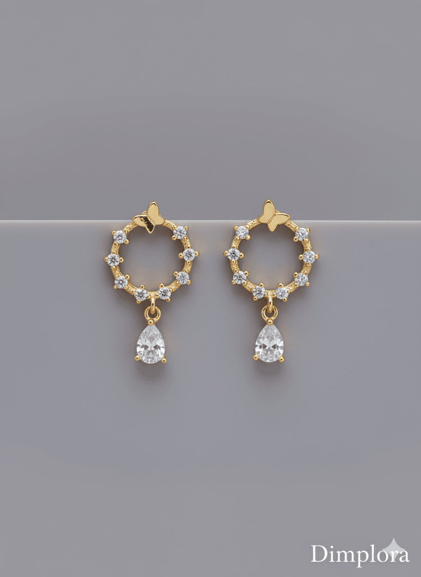 Gold Plated CZ Studded Round Drop Earrings - Dimplora