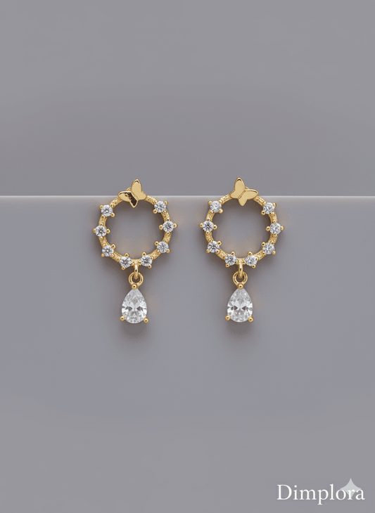 Gold Plated CZ Studded Round Drop Earrings - Dimplora