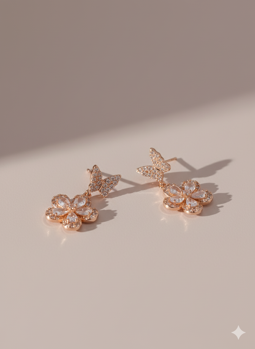 Rose Gold Butterfly Flower Earrings - Dimplora