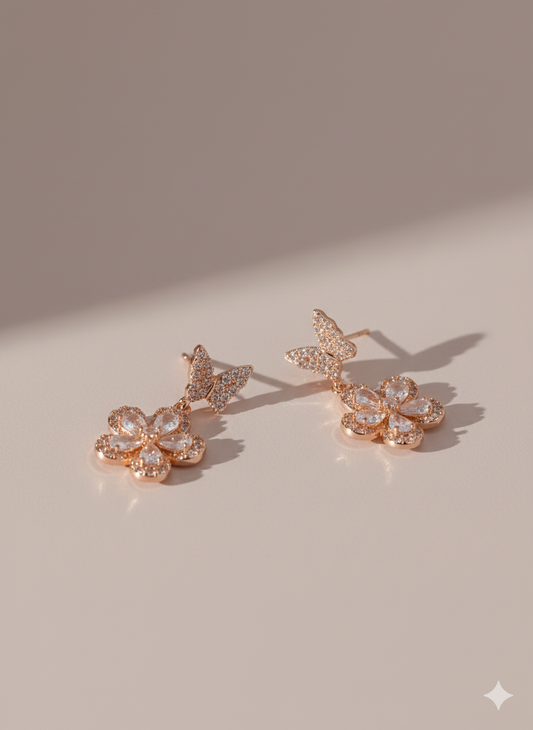 Rose Gold Butterfly Flower Earrings - Dimplora