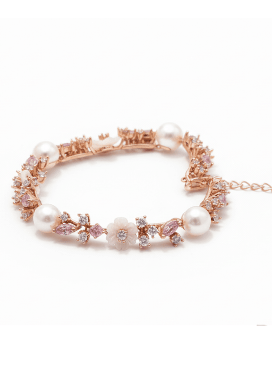 Rose Gold Floral Bracelet with Pearls & Crystals - Dimplora