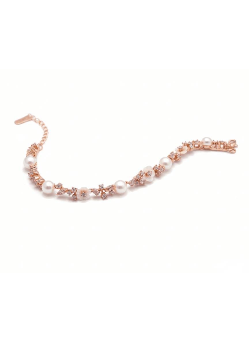 Rose Gold Floral Bracelet with Pearls & Crystals - Dimplora