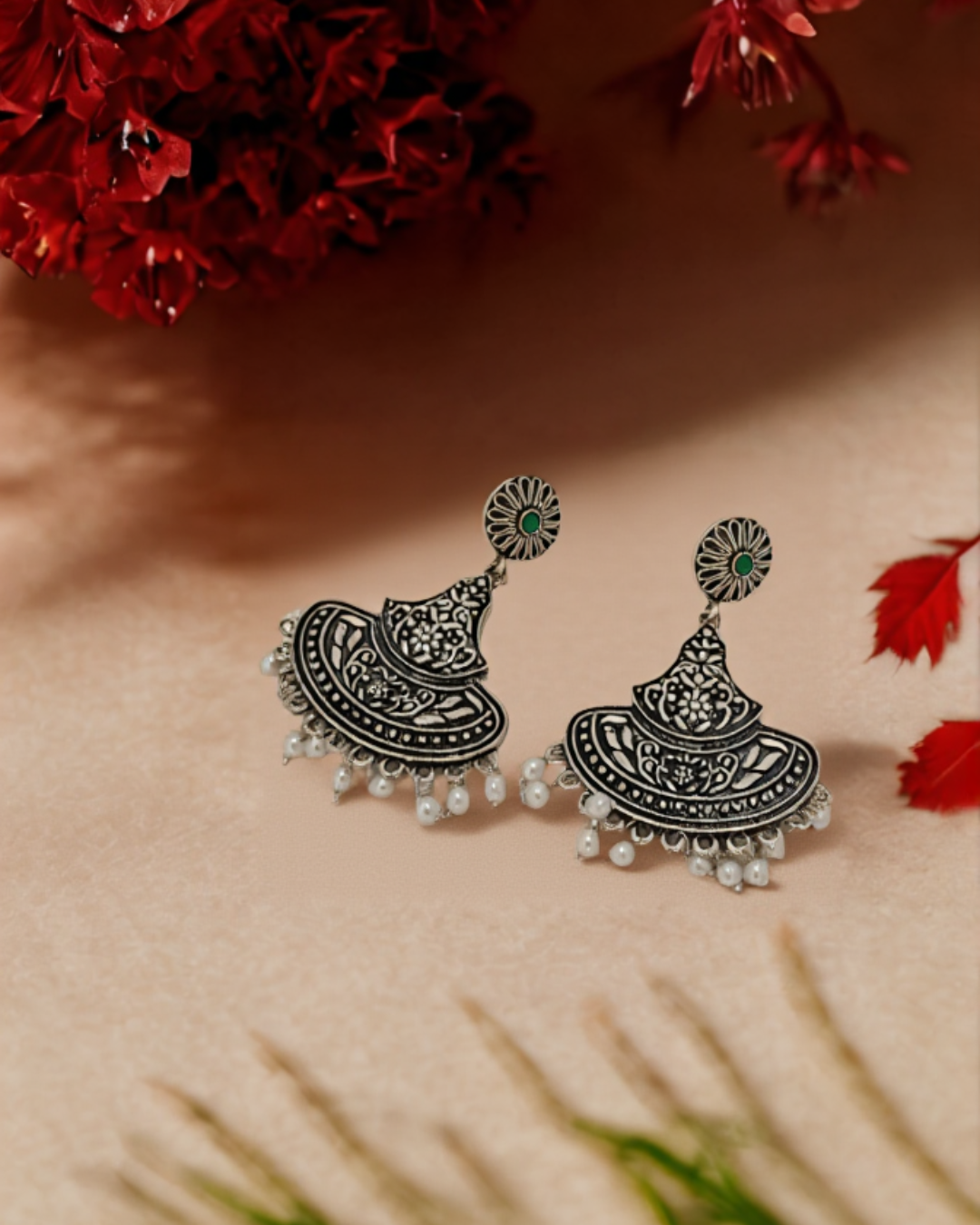 Traditional Stylish Brass Jhumki Earrings with Green stone - Dimplora